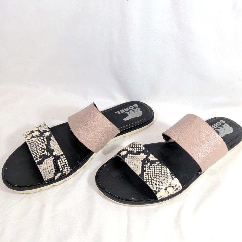 Sorel Pink Snakeskin Slide Sandals; Leather Two-Strap Flat